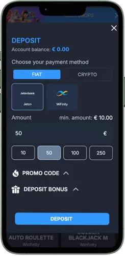 Deposit screen in Monixbet casino with payment methods and bonus options