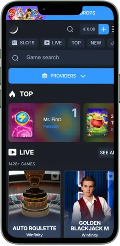 Game categories page in Monixbet showing Top and Live casino sections