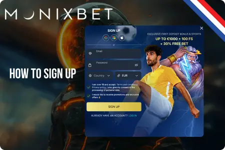 Sign up screen for Monixbet with welcome bonus offer