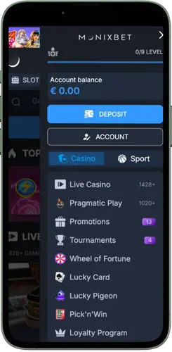 Main menu in Monixbet casino with account balance and navigation