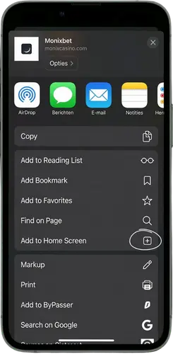 Adding Monixbet to the iPhone home screen – Set on home screen menu