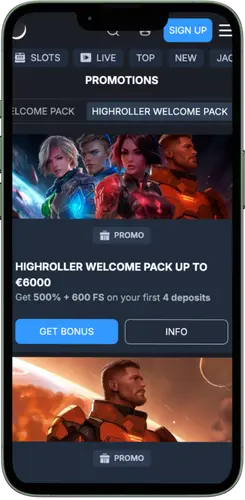 Promotions page in Monixbet with Highroller Welcome Pack offers